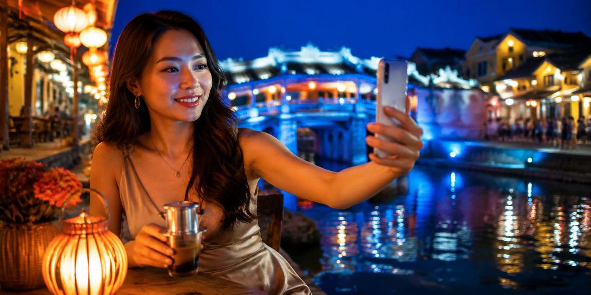 Người dùng tận hưởng ứng dụng 14tr trên di động tại Hội An